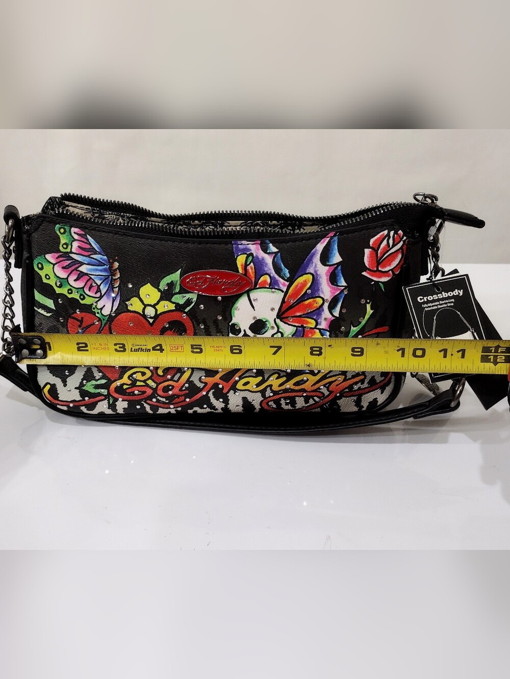Ed Hardy Black Shoulder Bag with Multicolor Skull & Butterfly Art - Picture 3 of 13